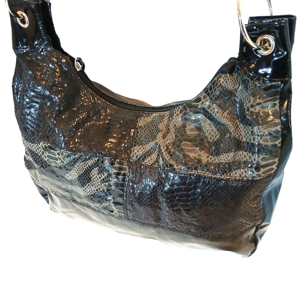 Giannini Black Tan Faux Leather Snake Skin Hobo Crossbody Shoulder Bag - Picture 4 of 12